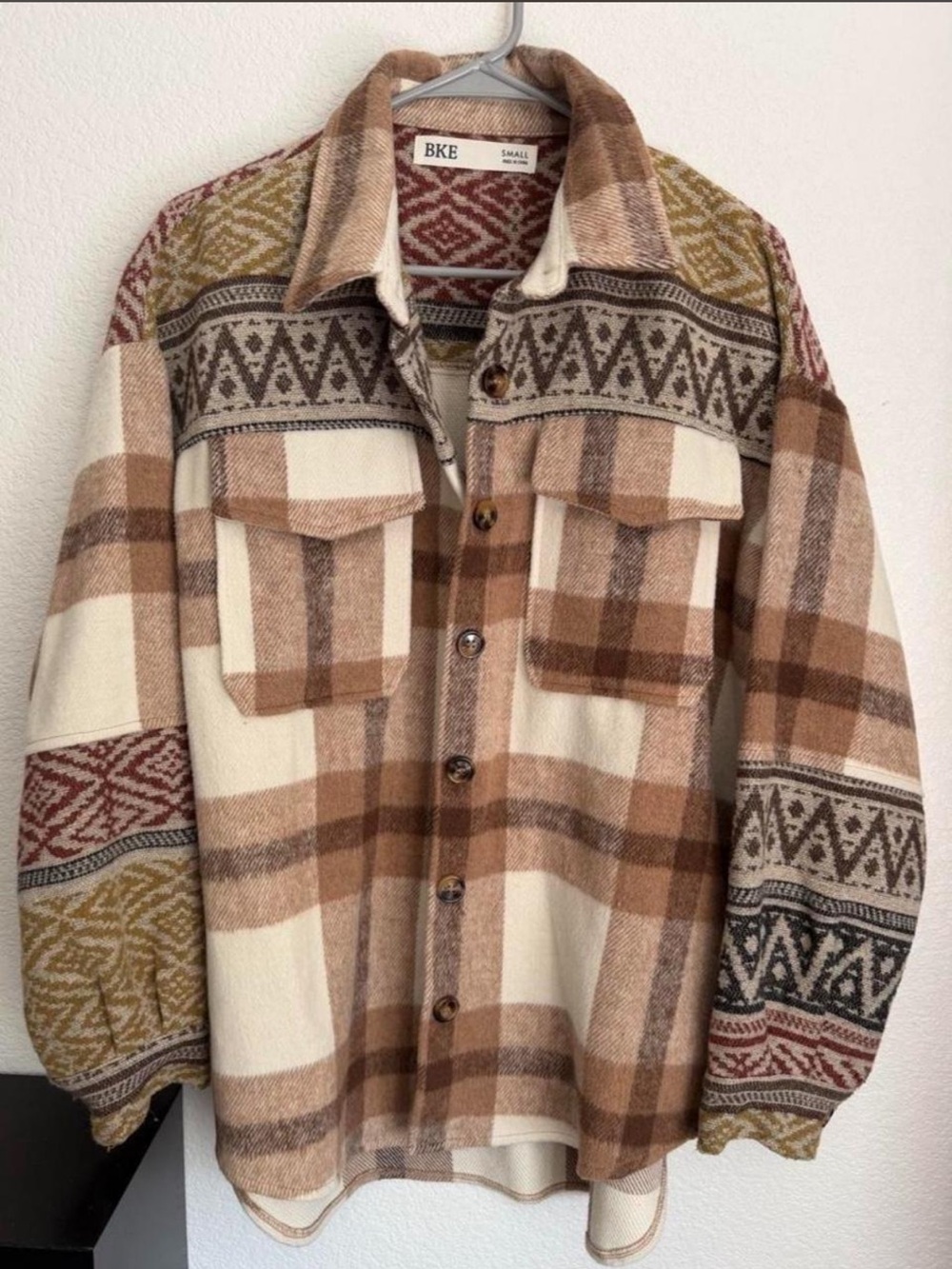 BKE Men's Cream and Brown Plaid Zip-Up Sweater Jacket